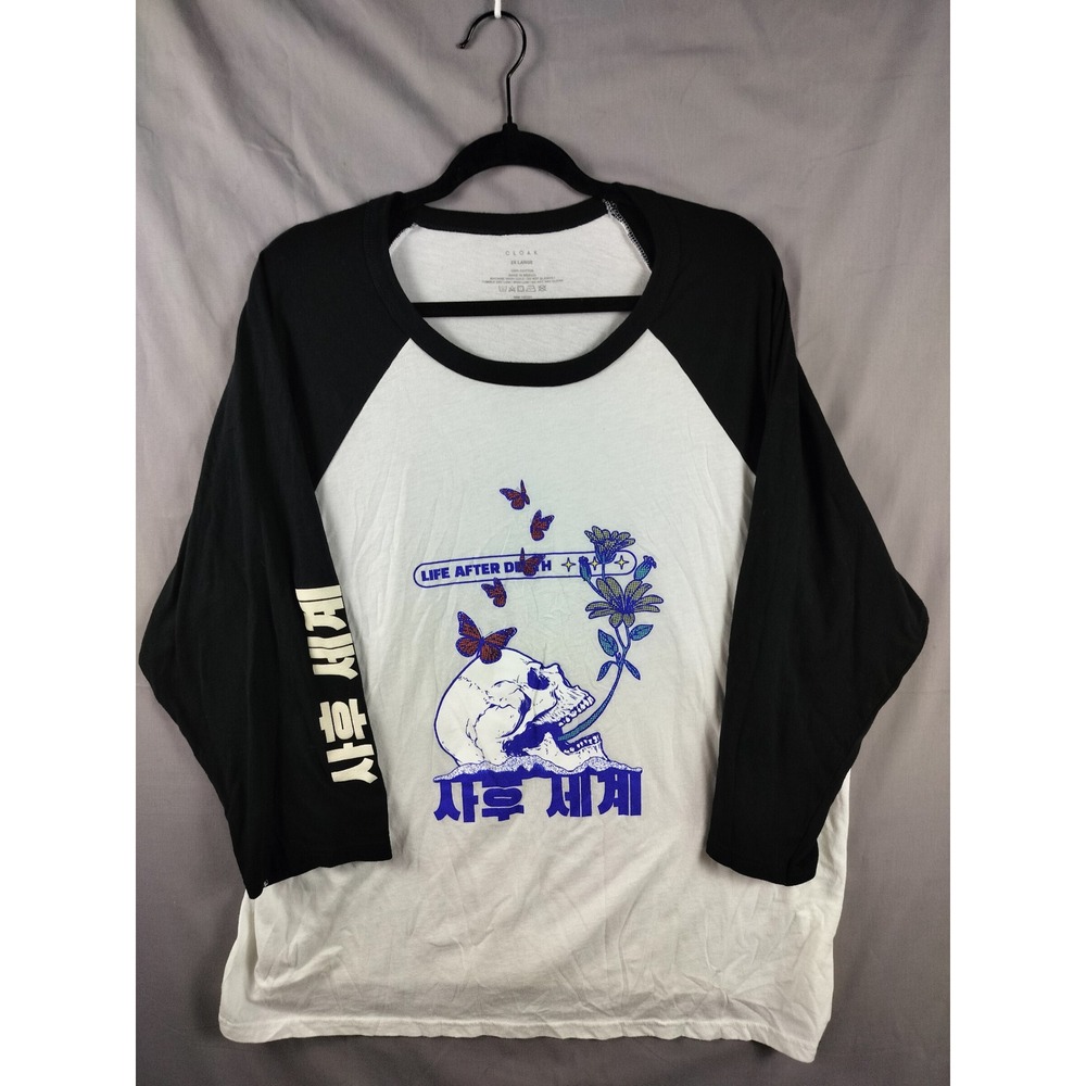 Cloak Raglan Shirt Mens 2X White Black Skull Graphic Tee Life After Death Emo